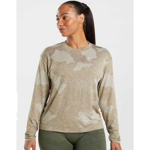 Gymshark Women's Adapt Gray & Tan Camo Seamless Long Sleeve Top - Size XS - Picture 7 of 8